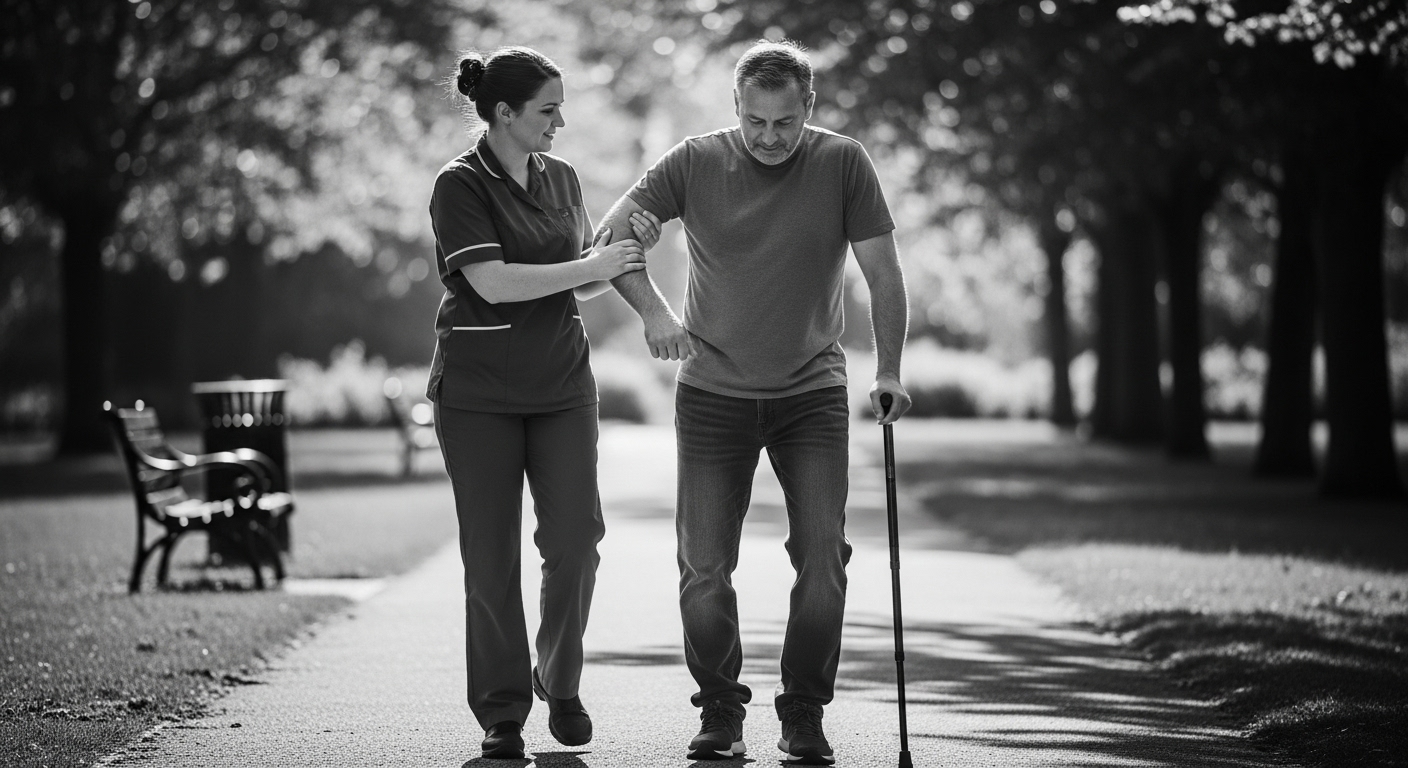 A support worker and participant out for a walk