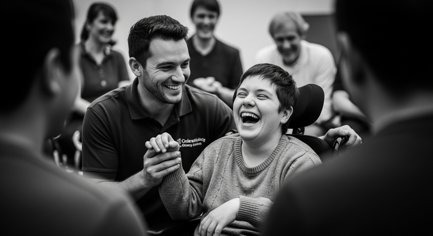 A group of participants and workers laughing together