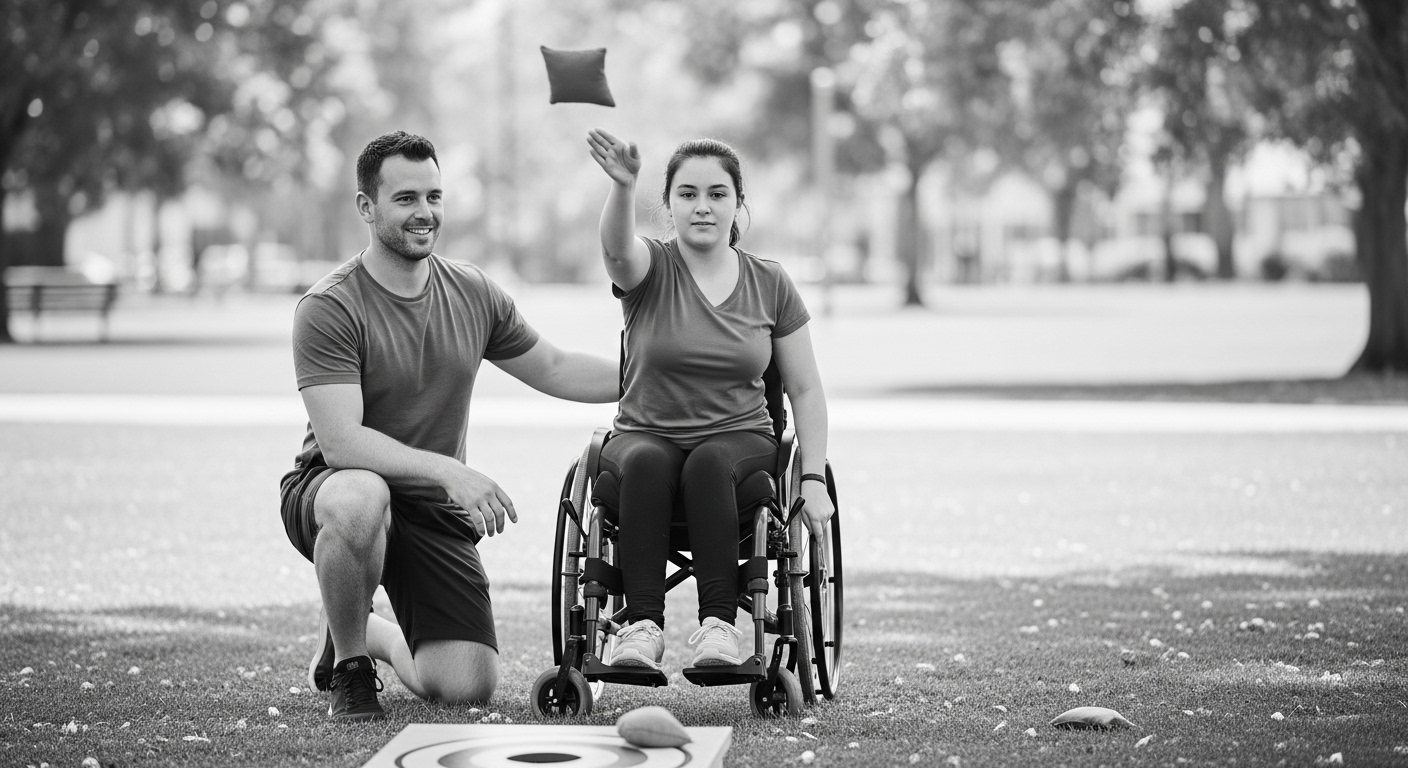 An outdoor cornhole game